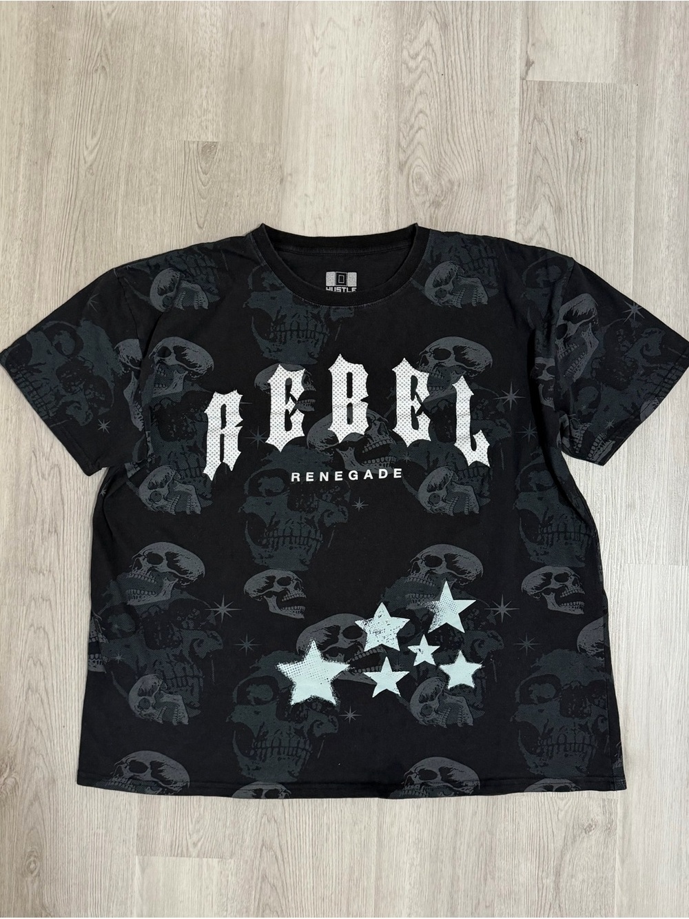 rebels Black Graphic 'Renegade' Skull Tee with Pale Blue Stars